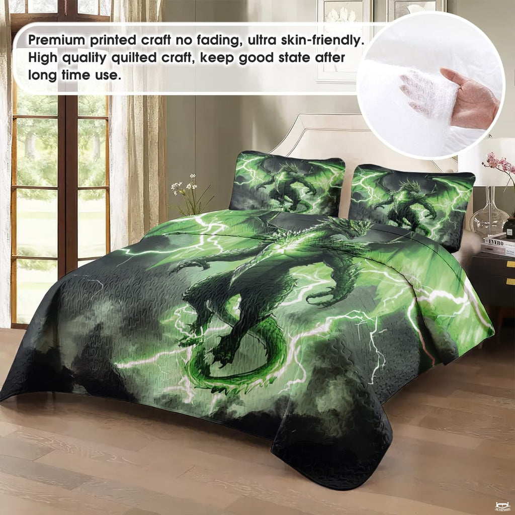 Bedroom mockup with muscular green dragon, broad wings, and storm bolts