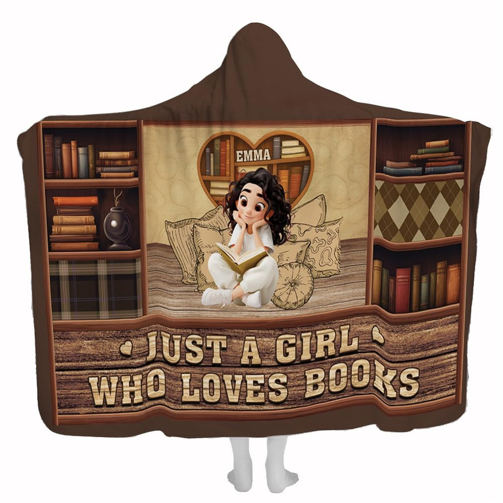 Book lover throw blanket featuring an illustrated reader with heart bookshelf and library cases