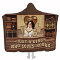 Book lover throw blanket featuring an illustrated reader with heart bookshelf and library cases