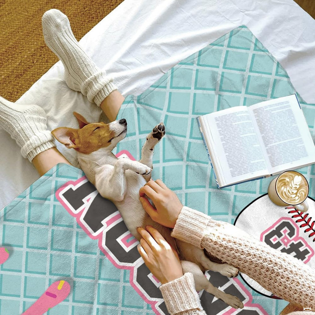 thematic accent perspective of ice cream cone waffle patterning paired with sports graphics on a bed.