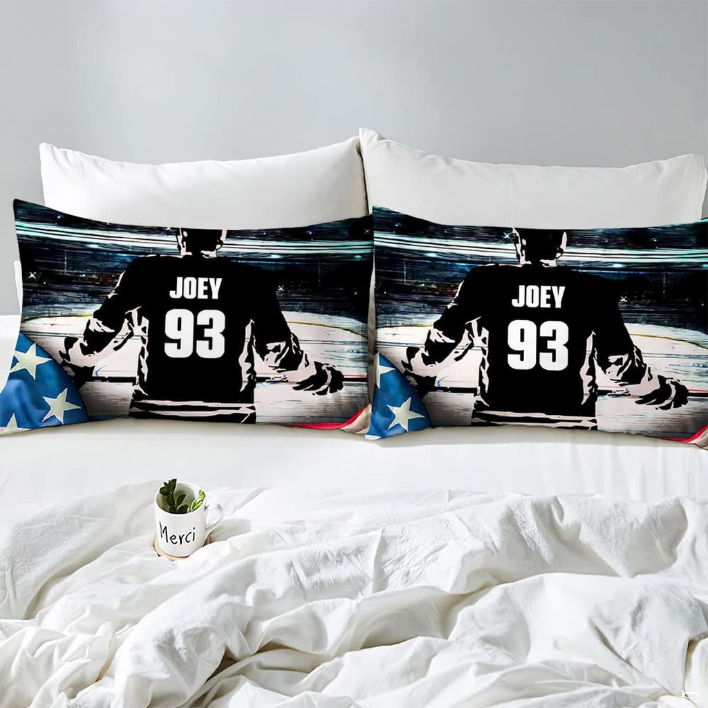 Ice hockey bedford decor aesthetic highlighting glowing arena spotlights and a skater standing on ice.