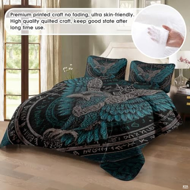 Angled bedroom view highlighting teal Norse raven bed set beside window with pillow shams.