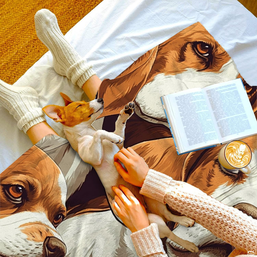 Artistic collage pattern of tri-color Beagle hound dog portraits, view 3.
