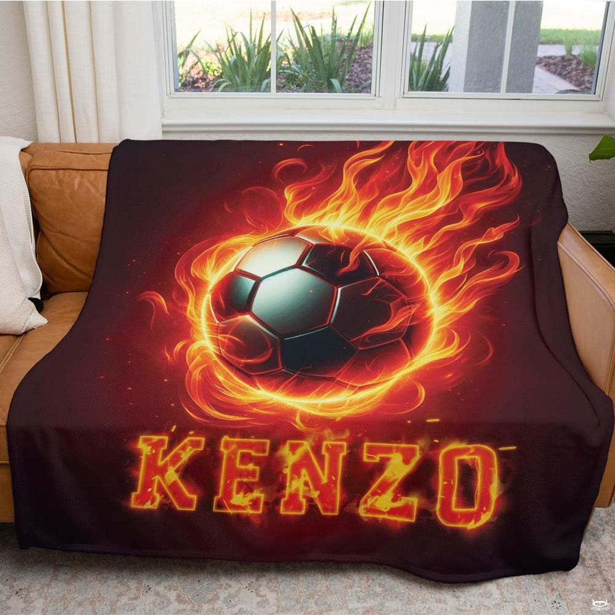 Fiery soccer ball graphic drape arranged across leather couch