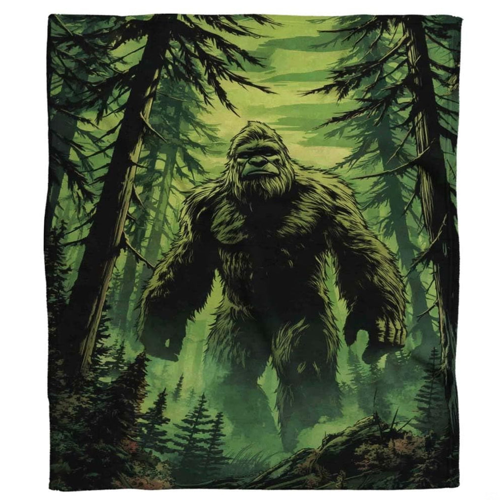 Bigfoot Sasquatch walking through misty evergreen pine forest, view 2.
