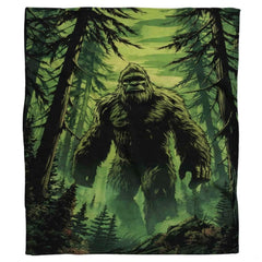 Bigfoot Sasquatch walking through misty evergreen pine forest, view 2.