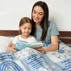 Blue scripture bible verses patchwork faith blanket showing rainbow and bible motif view 3