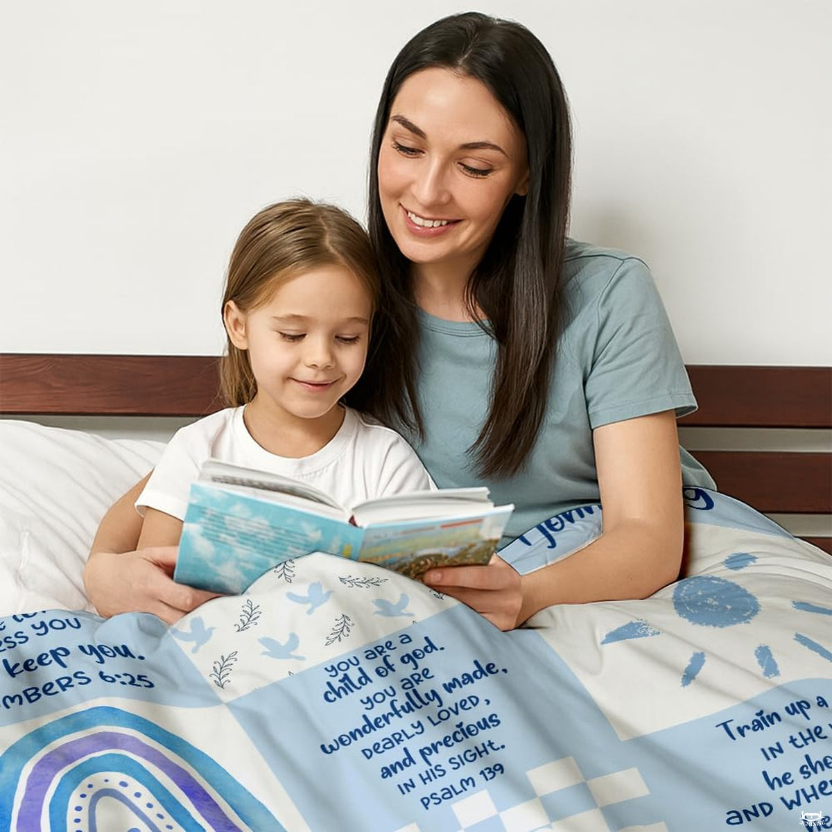 Blue scripture bible verses patchwork faith blanket showing rainbow and bible motif view 3