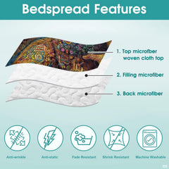 Detailed decorative pillow styling pairing with psychedelic bed sheets in rich ochre, teal, and violet tones.