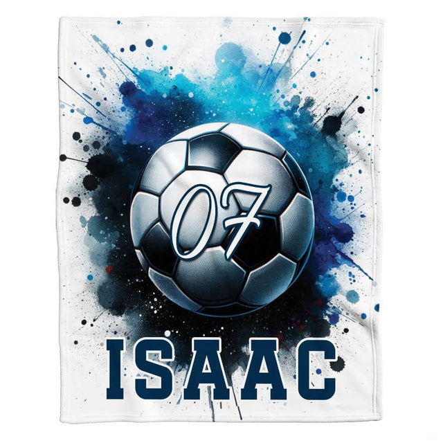 Size chart infographic showing soccer throw blanket dimensions alongside adult silhouette