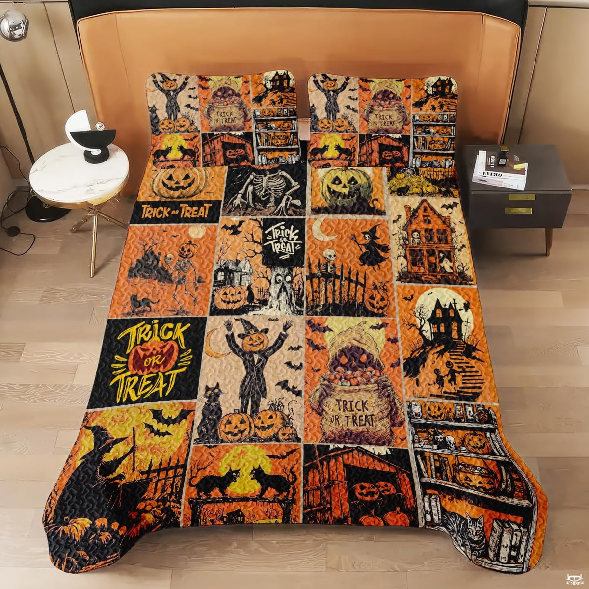 Coordinated bedroom arrangement featuring vintage Halloween bedding and matching pillow covers