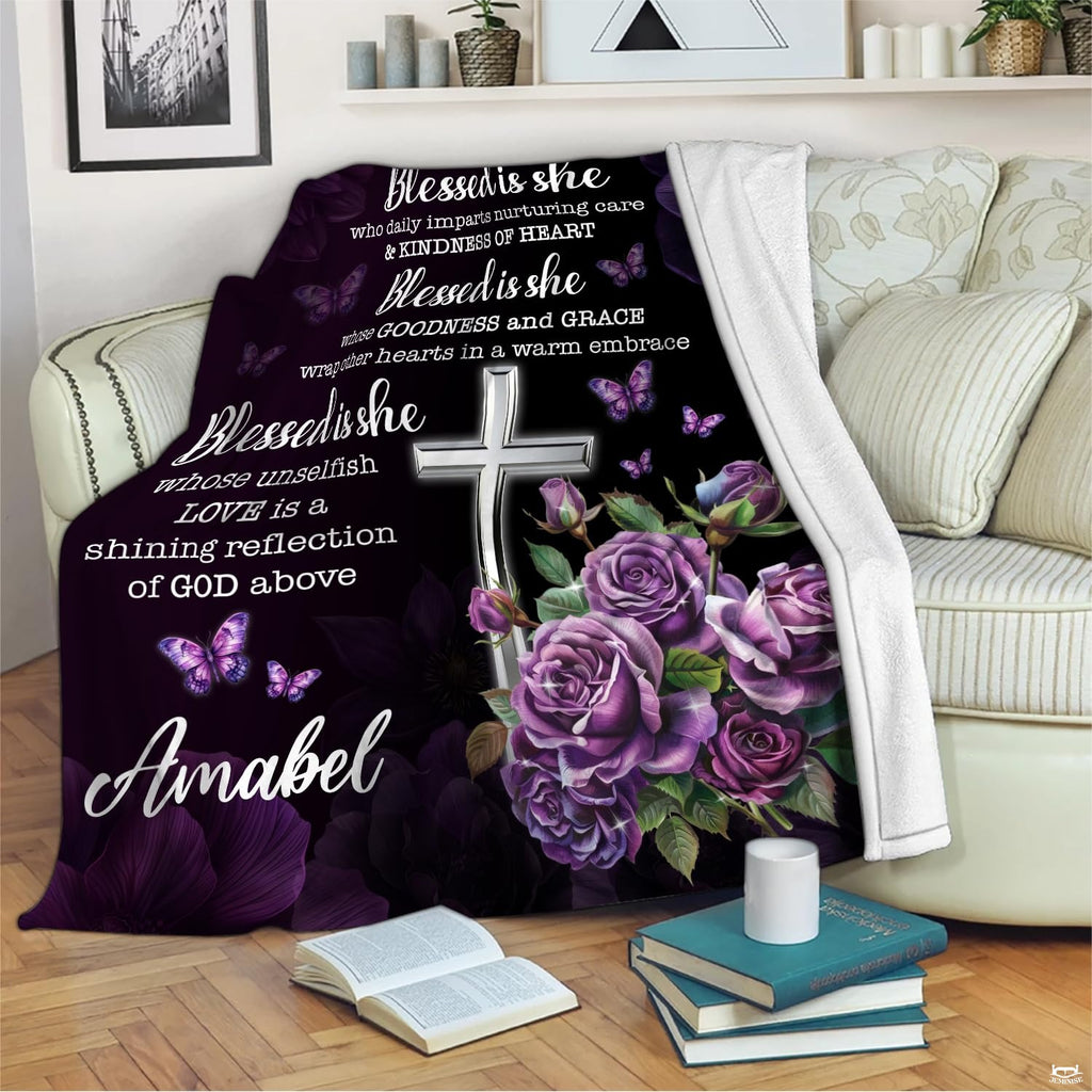 Custom Purple Floral Christian Cross Blanket, Machine Washable