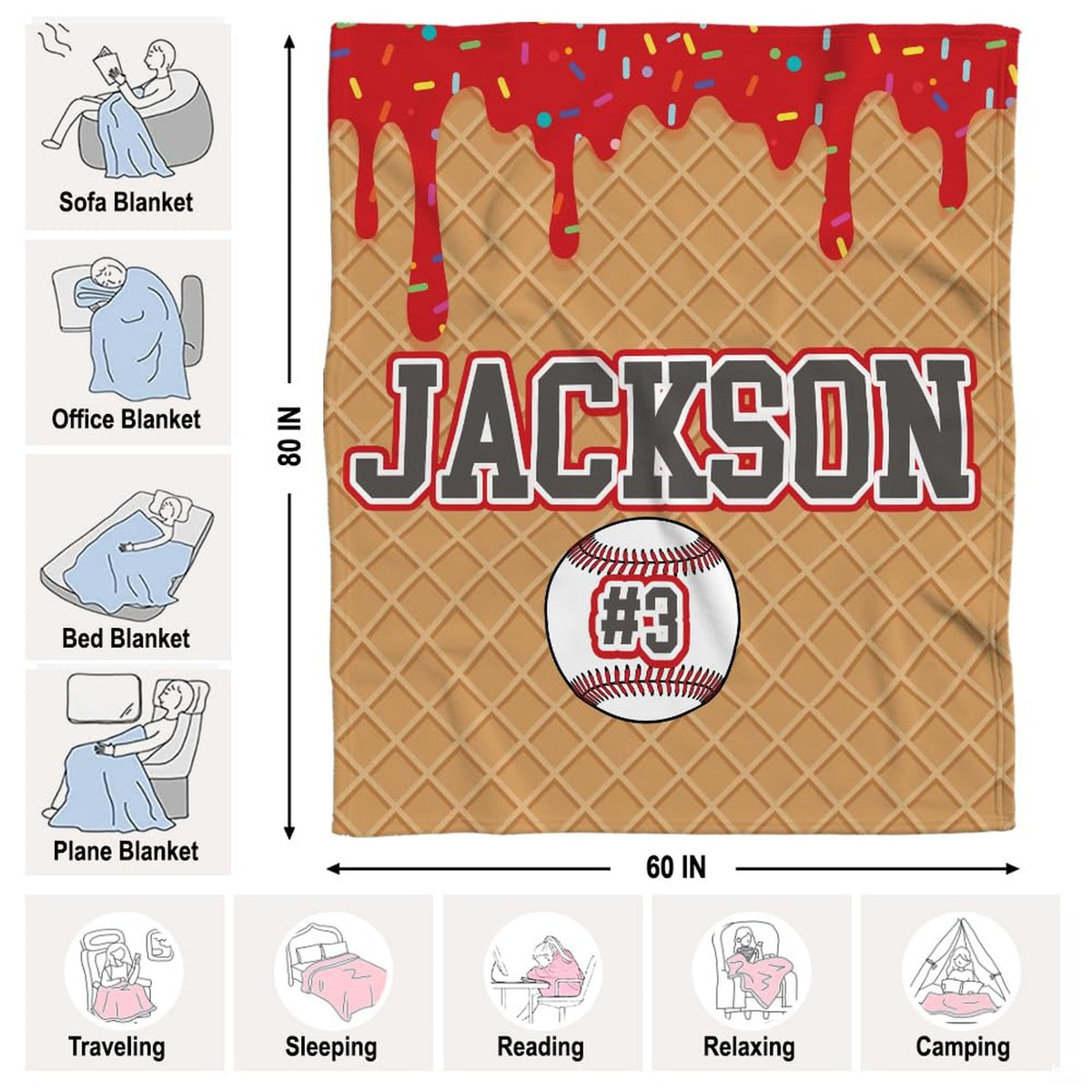 Artistic bedroom presentation displaying vibrant dessert and baseball graphic artwork in natural light.