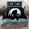 Moonlit Bigfoot fishing bedding set featuring Sasquatch fishing under a glowing full moon on a bed