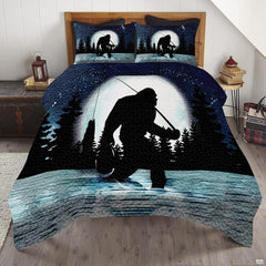 Moonlit Bigfoot fishing bedding set featuring Sasquatch fishing under a glowing full moon on a bed