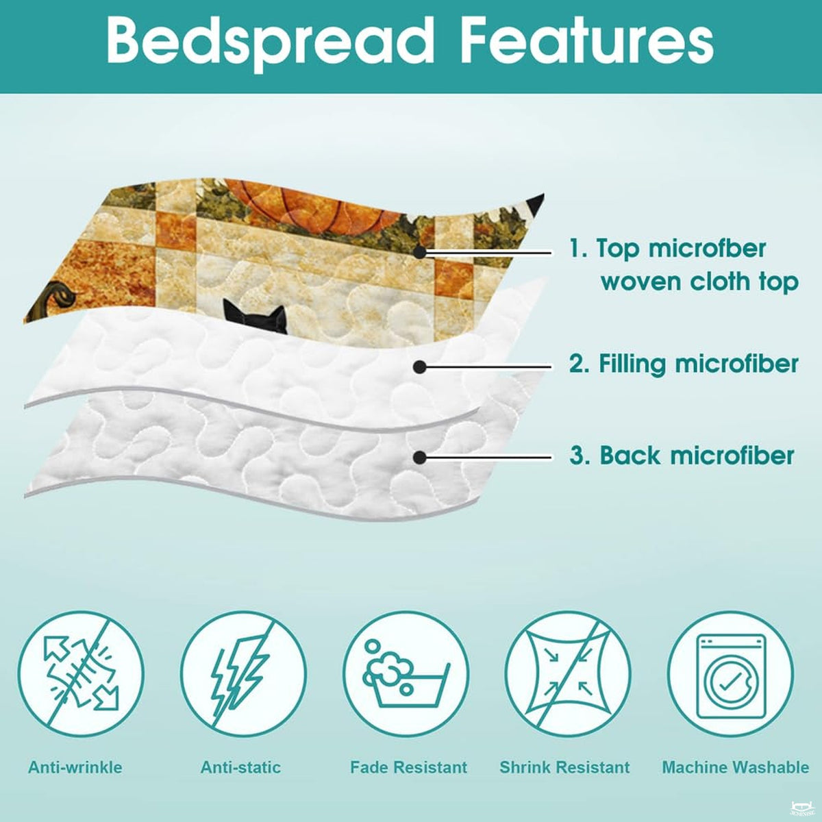 Side perspective of pumpkin leaf bedding set showing comprehensive decorative patchwork coverage in natural light.