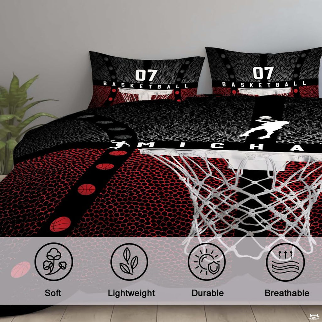 Corner angle view of athletic bedding illustrating sharp color separation between bold red and solid black