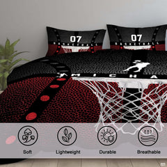 Corner angle view of athletic bedding illustrating sharp color separation between bold red and solid black