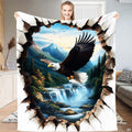 Soaring bald eagle flying above waterfall mountain river throw blanket with 3D cracked wall effect