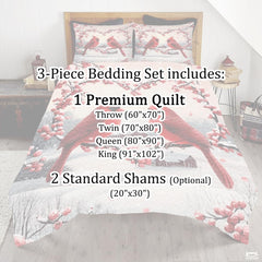 Winter Cardinals on Heart Shaped Berry Branches Patchwork Christmas Quilt