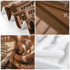 Bedroom lifestyle setting showing the religious faith blanket styled over a bed.