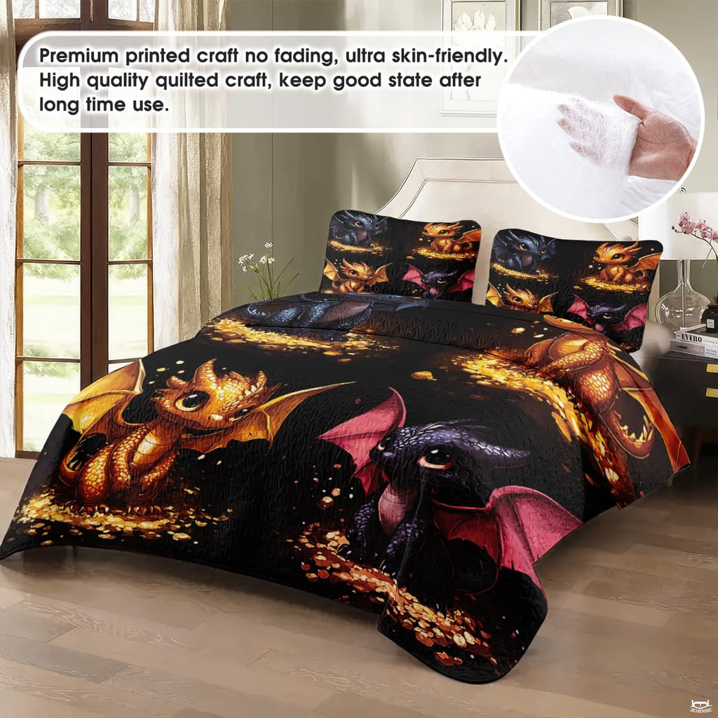 Bedroom view of black and gold baby dragon artwork