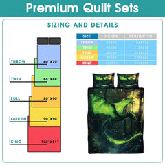 Full dark green dragon design with luminous wings and golden light