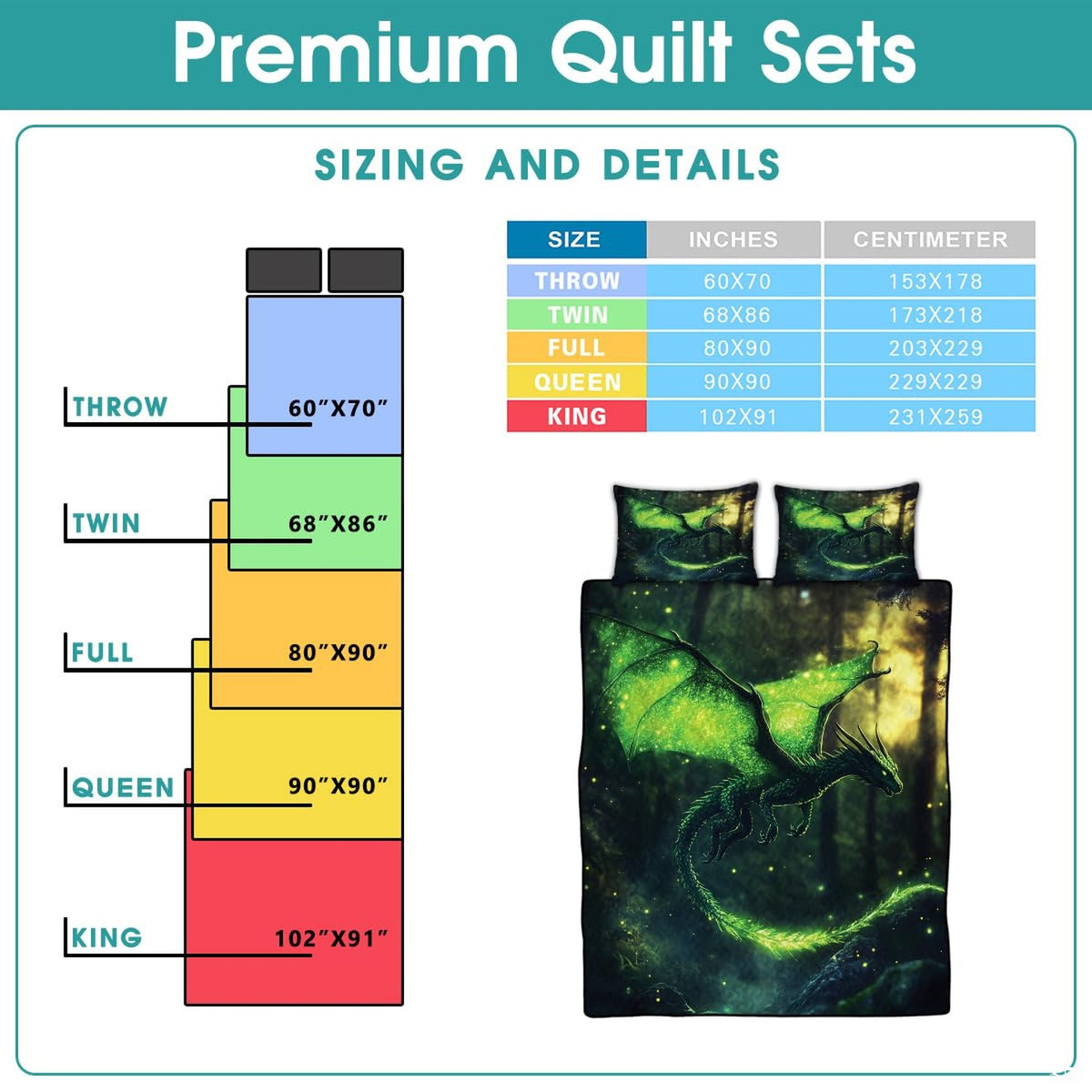 Full dark green dragon design with luminous wings and golden light