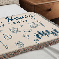 Lake house design with navy camping doodles, canoe, campfire, and pine trees, view 7.