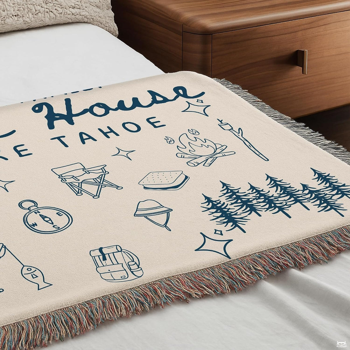 Lake house design with navy camping doodles, canoe, campfire, and pine trees, view 7.