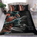 Dark charcoal football sports bedding featuring textured football graphic and yard lines on a bed