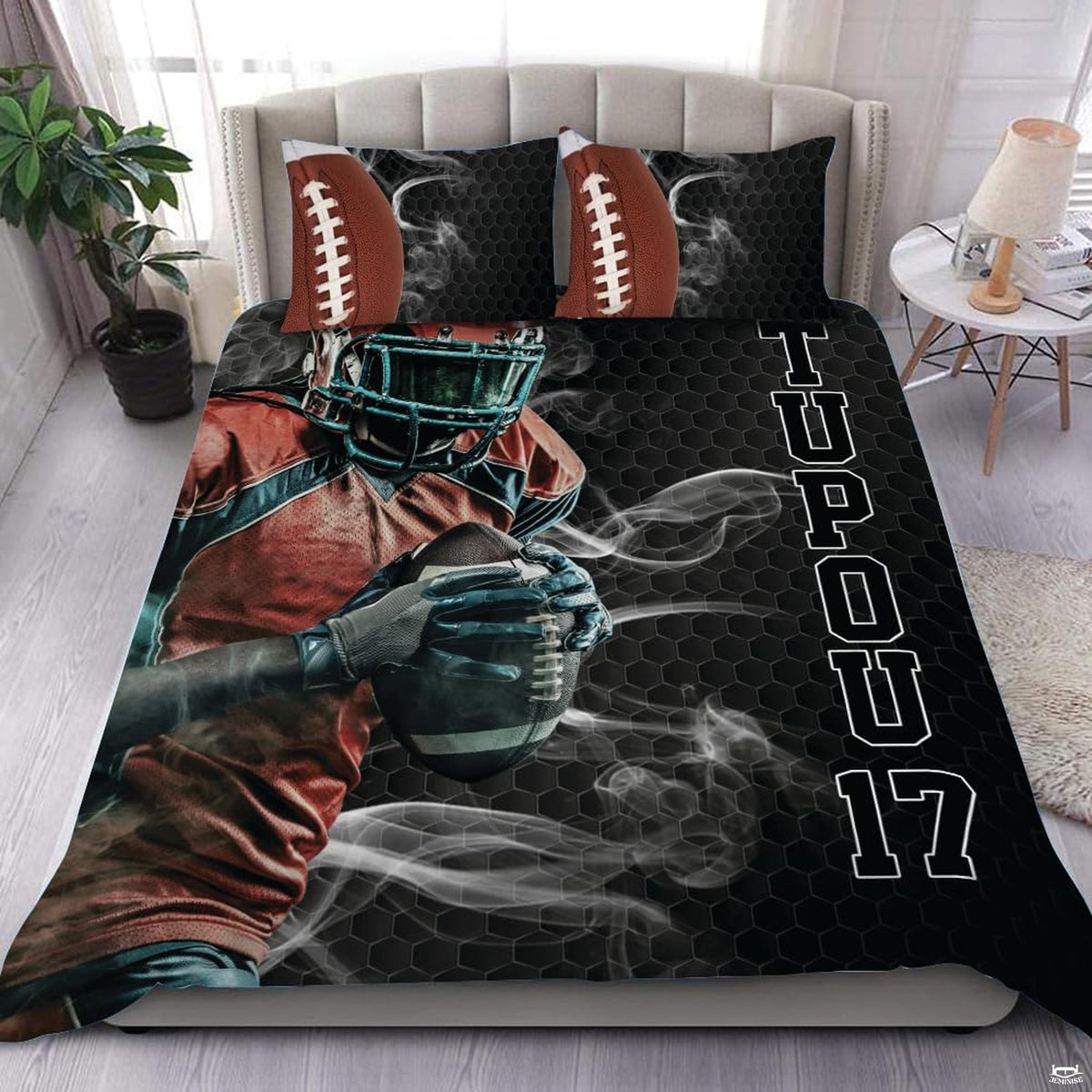 Dark charcoal football sports bedding featuring textured football graphic and yard lines on a bed