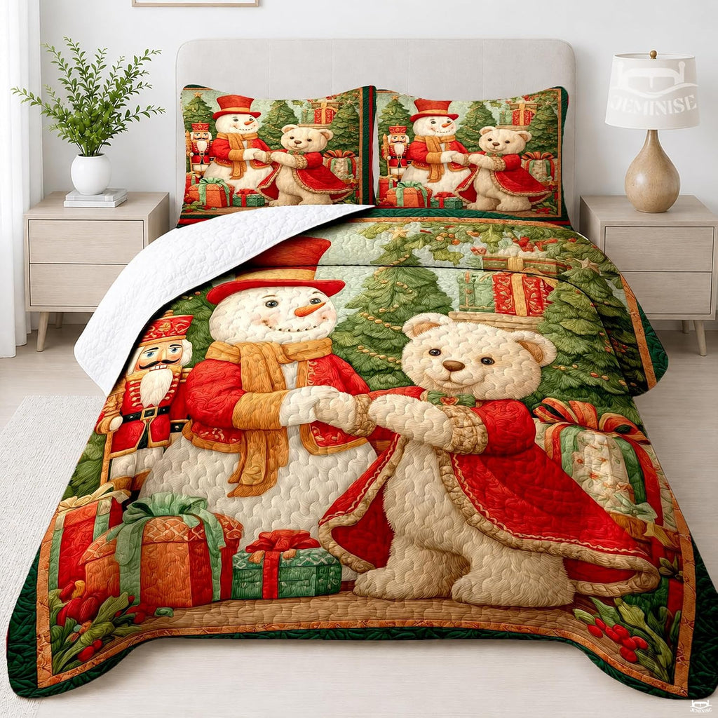 Holiday teddy bear and smiling snowman illustration on festive Christmas bedding set.