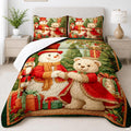 Holiday teddy bear and smiling snowman illustration on festive Christmas bedding set.