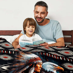 Native warrior eagle wolf throw blanket view 3 highlighting tribal diamonds, headdress, and wildlife