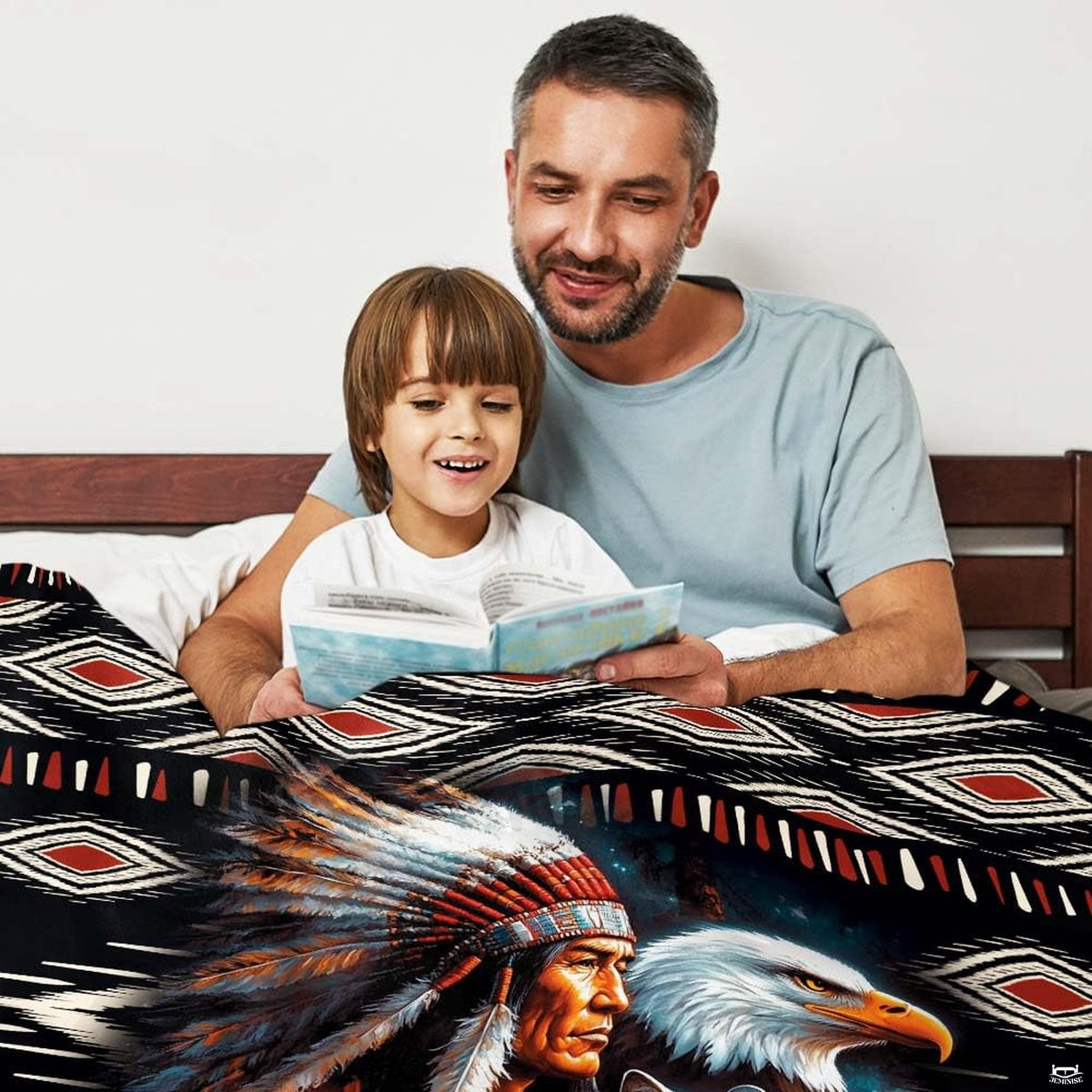 Native warrior eagle wolf throw blanket view 3 highlighting tribal diamonds, headdress, and wildlife