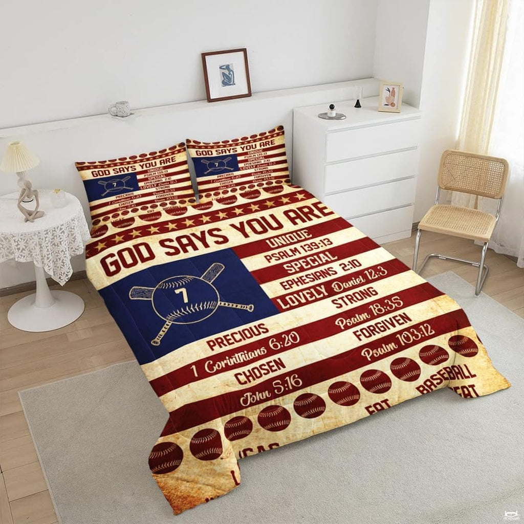 Close-up perspective of baseball bedding highlighting navy helmet illustration and scarlet red accents