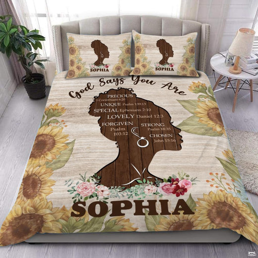 God Says You Are Christian affirmation bedding set displayed neatly on a bed in a bright bedroom