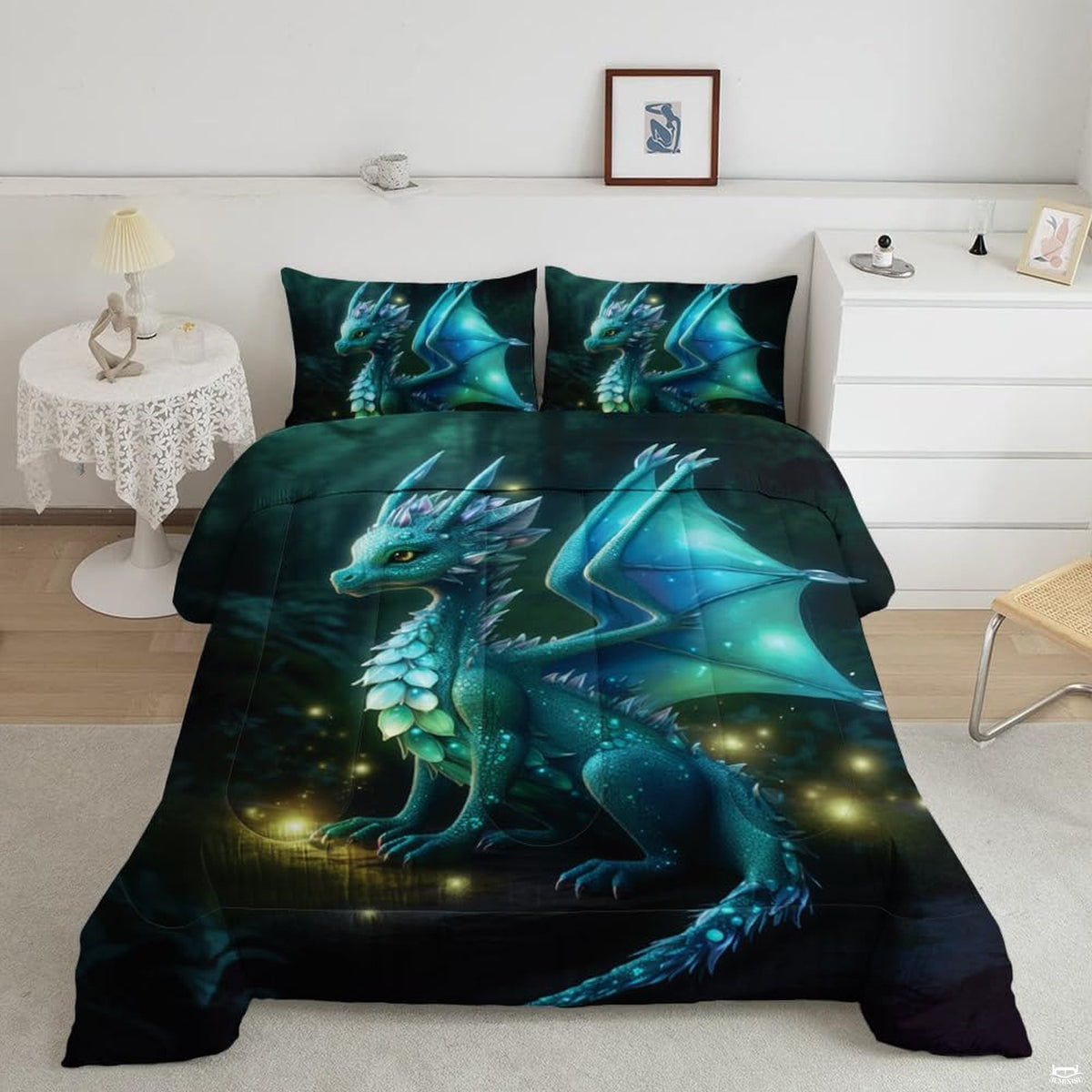 Dark peacock teal dragon galaxy bedding set showing a mythical winged beast soaring through cosmic deep teal nebulae.
