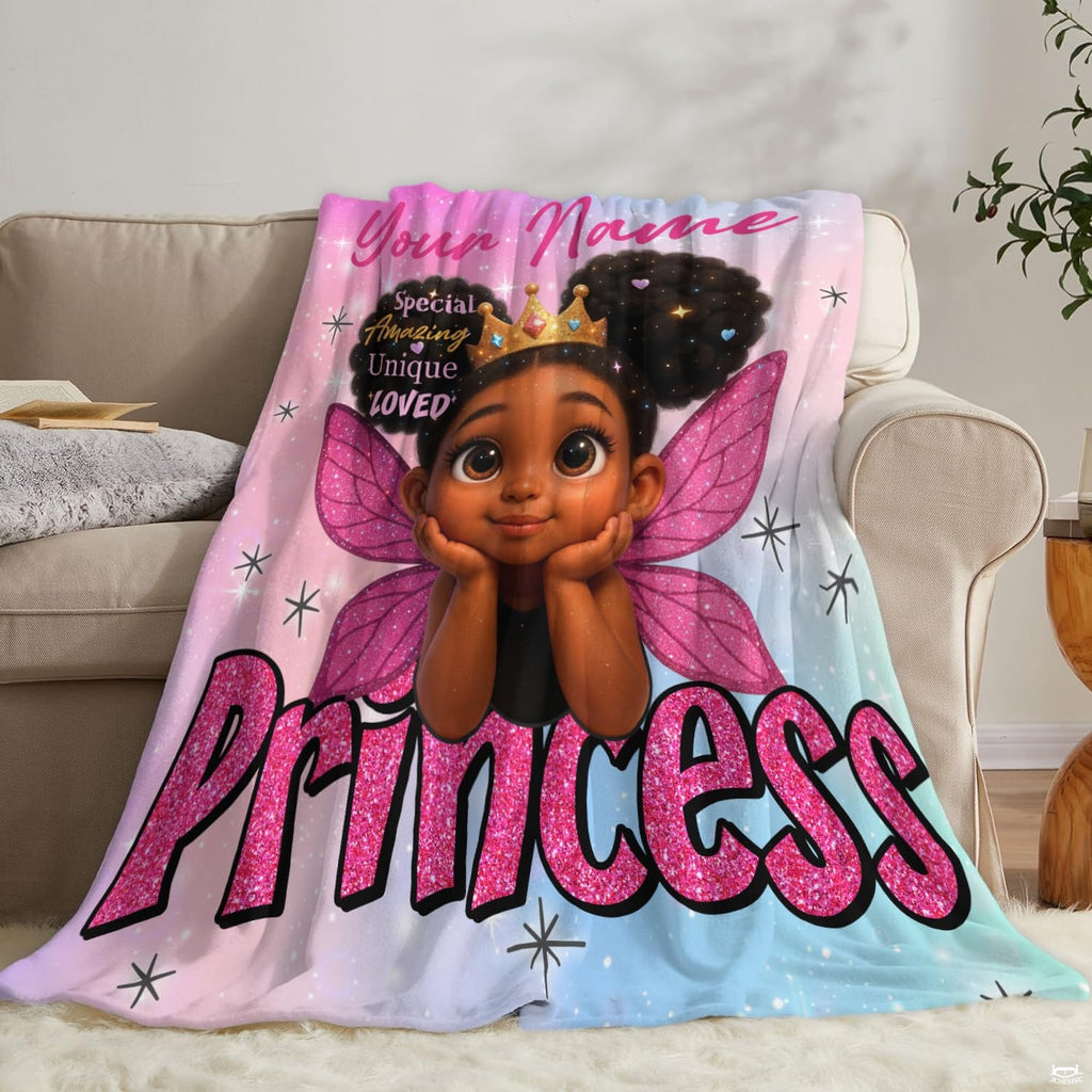 Vibrant pink glittery wings and charming afro puffs portrait decorating a cheerful room.