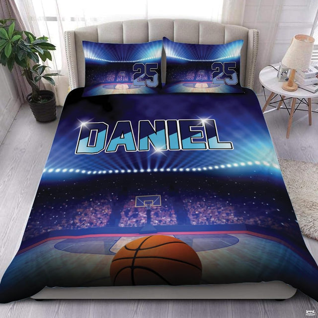 Basketball stadium arena sports bedding featuring bright arena floodlights and court hoop on a modern bed