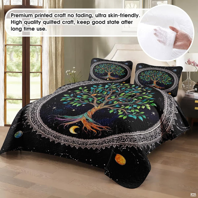 Close-up perspective of mystical bedding detailing white mandala lace, multicolored tree trunk, and golden crescent moon