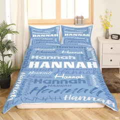 Matching pillow sham detail for typography bedding set displaying dense multi-font lettering in bedroom setting