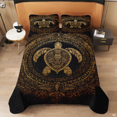 Full bedroom display of golden bronze sea turtle tribal bedding styled with coastal room decor