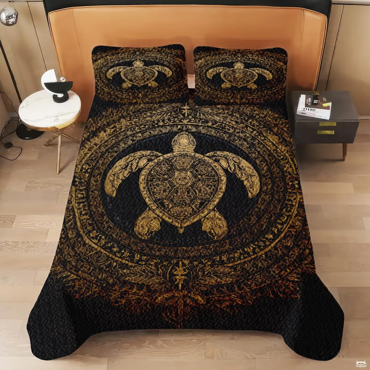 Full bedroom display of golden bronze sea turtle tribal bedding styled with coastal room decor