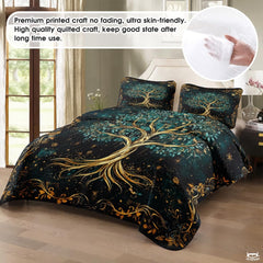 Fantasy Nature Tree of Life Quilt Set with Entwined Golden Roots And Bedroom Setting