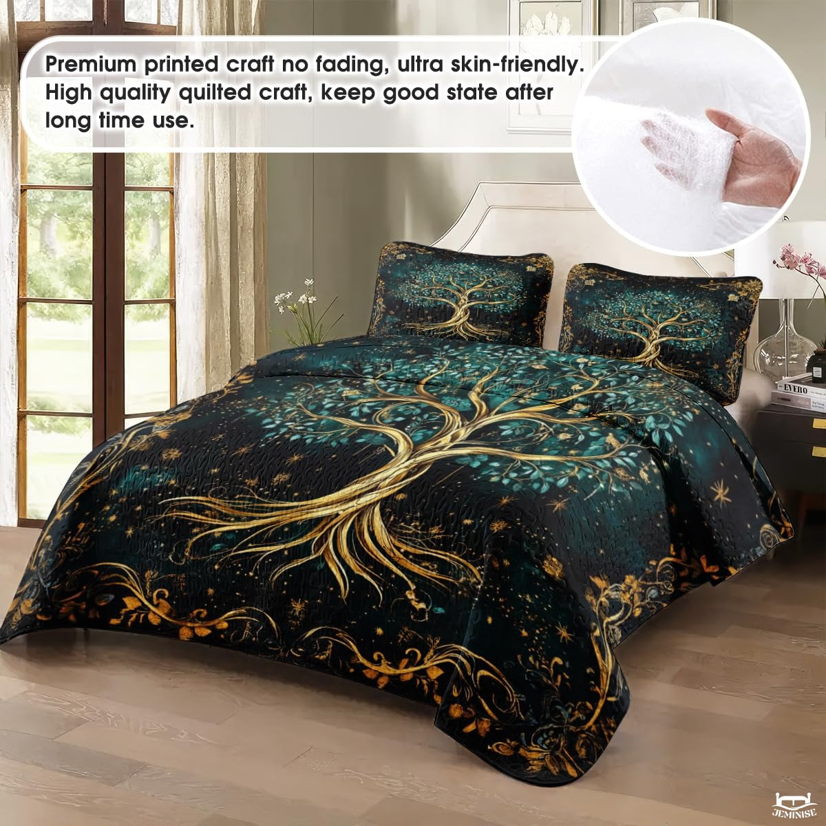 Fantasy Nature Tree of Life Quilt Set with Entwined Golden Roots And Bedroom Setting