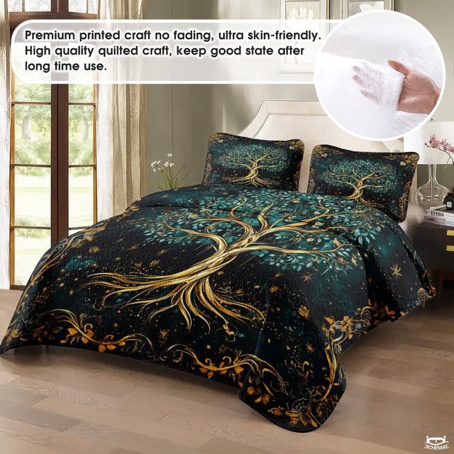 Fantasy Nature Tree of Life Quilt Set with Entwined Golden Roots And Bedroom Setting