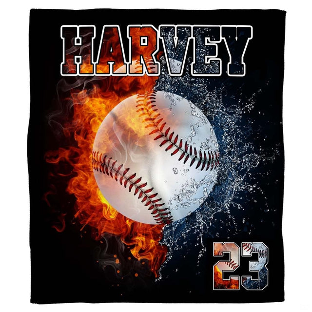 Centered baseball split between fiery flames and splashing water droplets for sports decor.
