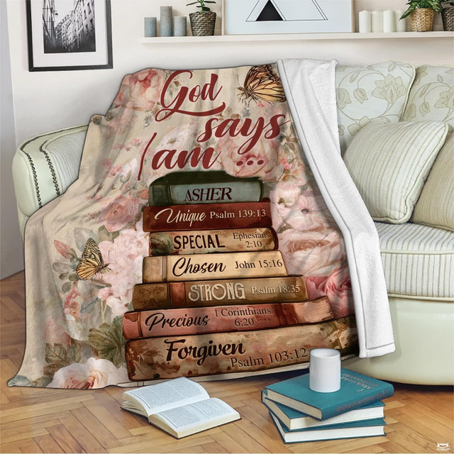 Scripture books and butterflies illustration blanket flat unfolded view